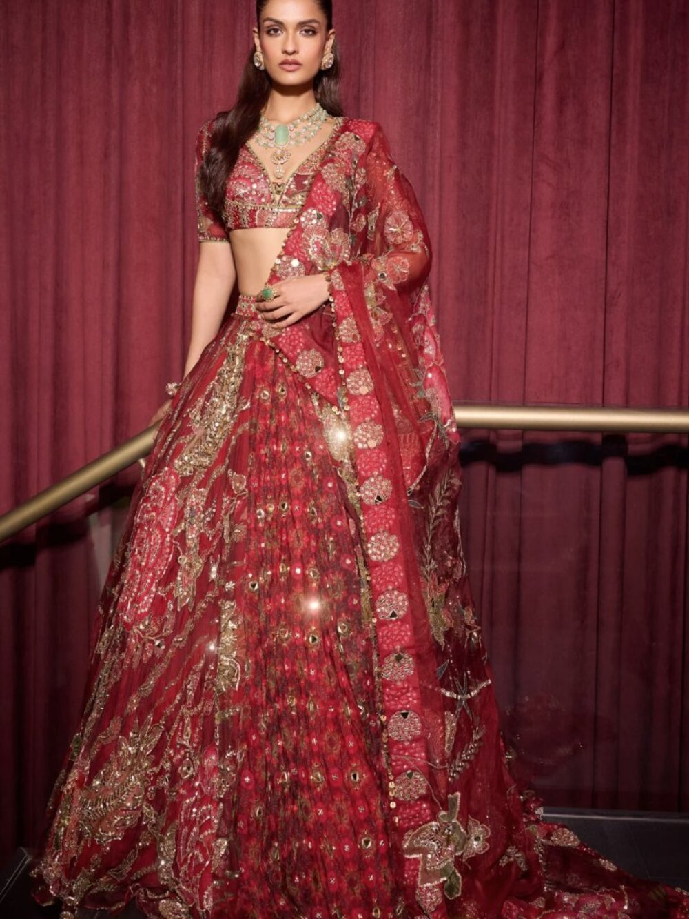 Mahima Mahajan - Sindoori Dark Red Organza Hand Embroidered Lehenga Set